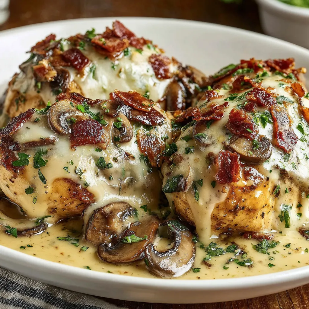 A plate of food with mushrooms and bacon.