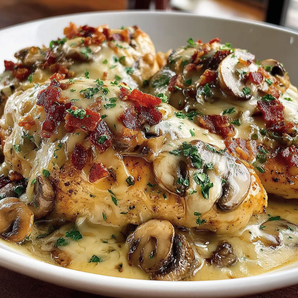 A plate of food with mushrooms and bacon.