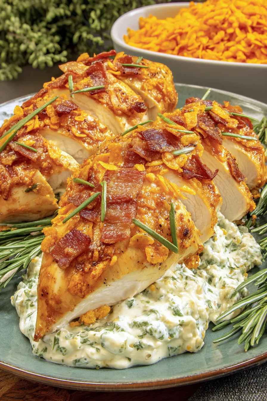 Bacon wrapped chicken with orange sauce.