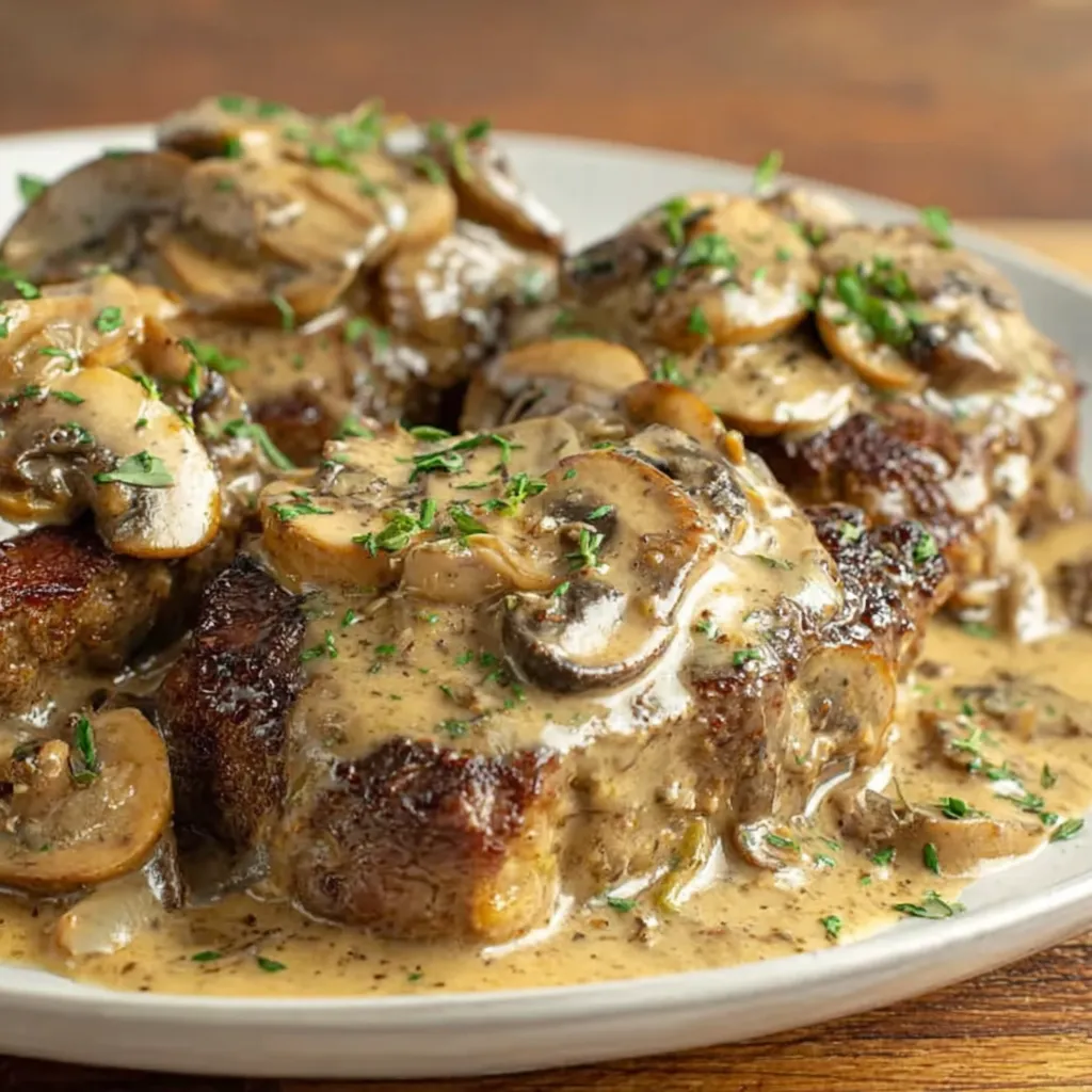 A plate of meat covered in gravy and mushrooms.