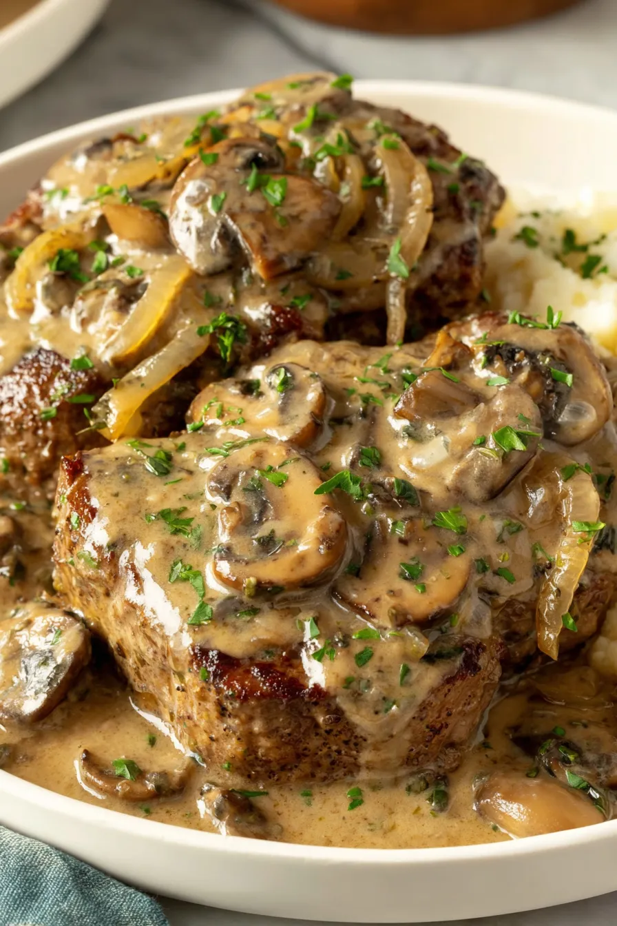 A plate of meat with mushrooms and onions.