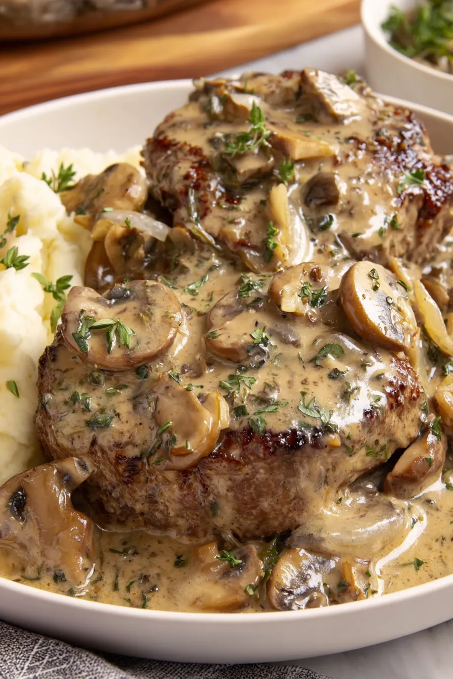 A plate of meat and mushrooms.