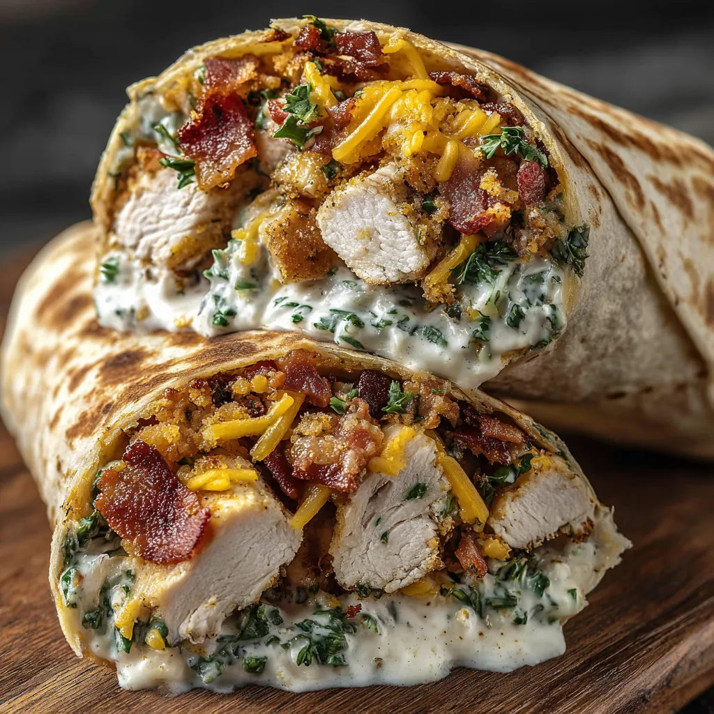 A chicken wrap with bacon and cheese.