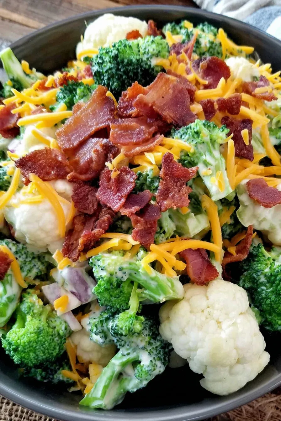 A close up of bacon and broccoli.