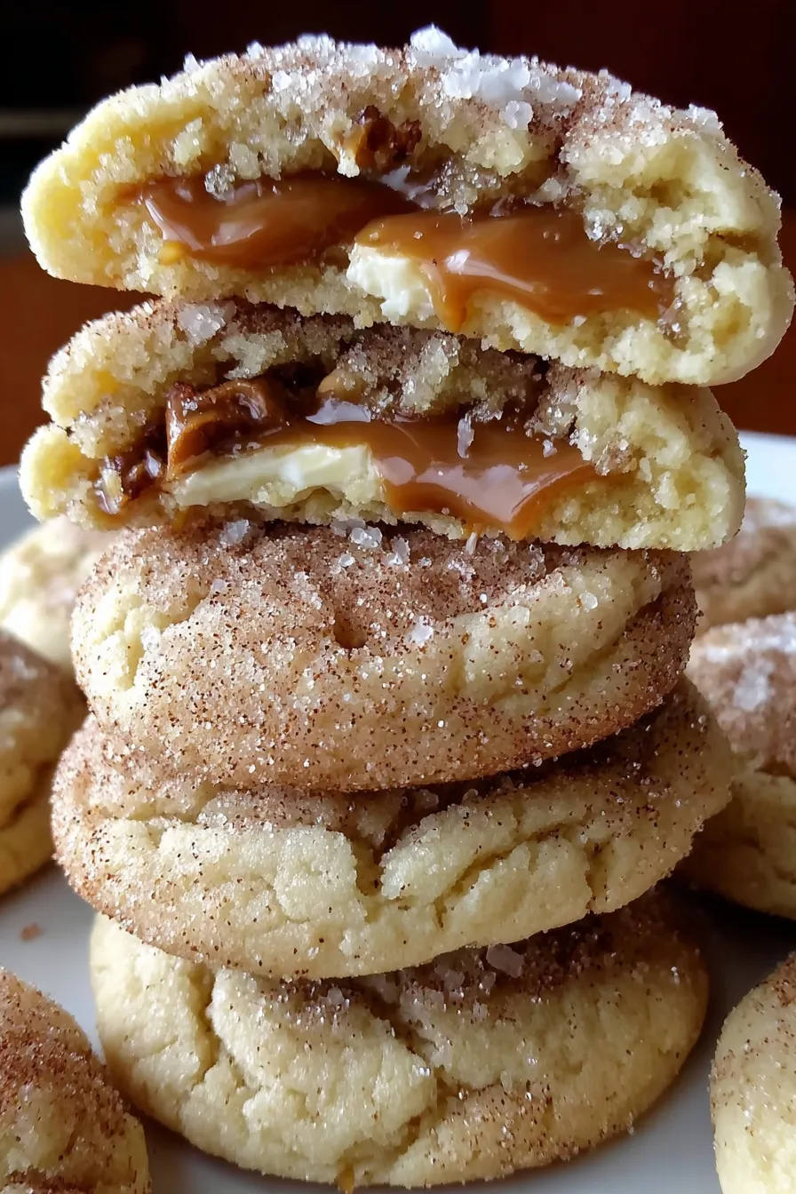 A stack of cookies with caramel drizzled on top.