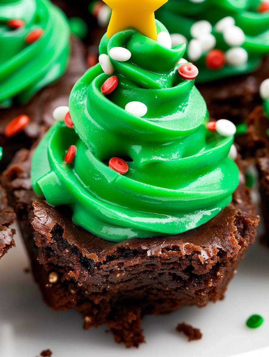 Green and white frosted chocolate brownie bites.