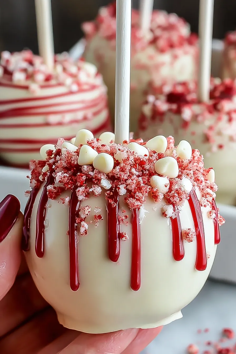 A white candy apple with red icing and sprinkles.