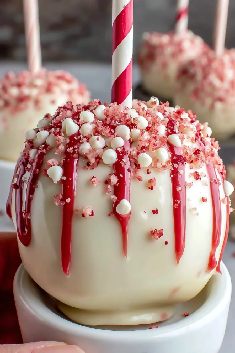 A white candy apple with red and white sprinkles.