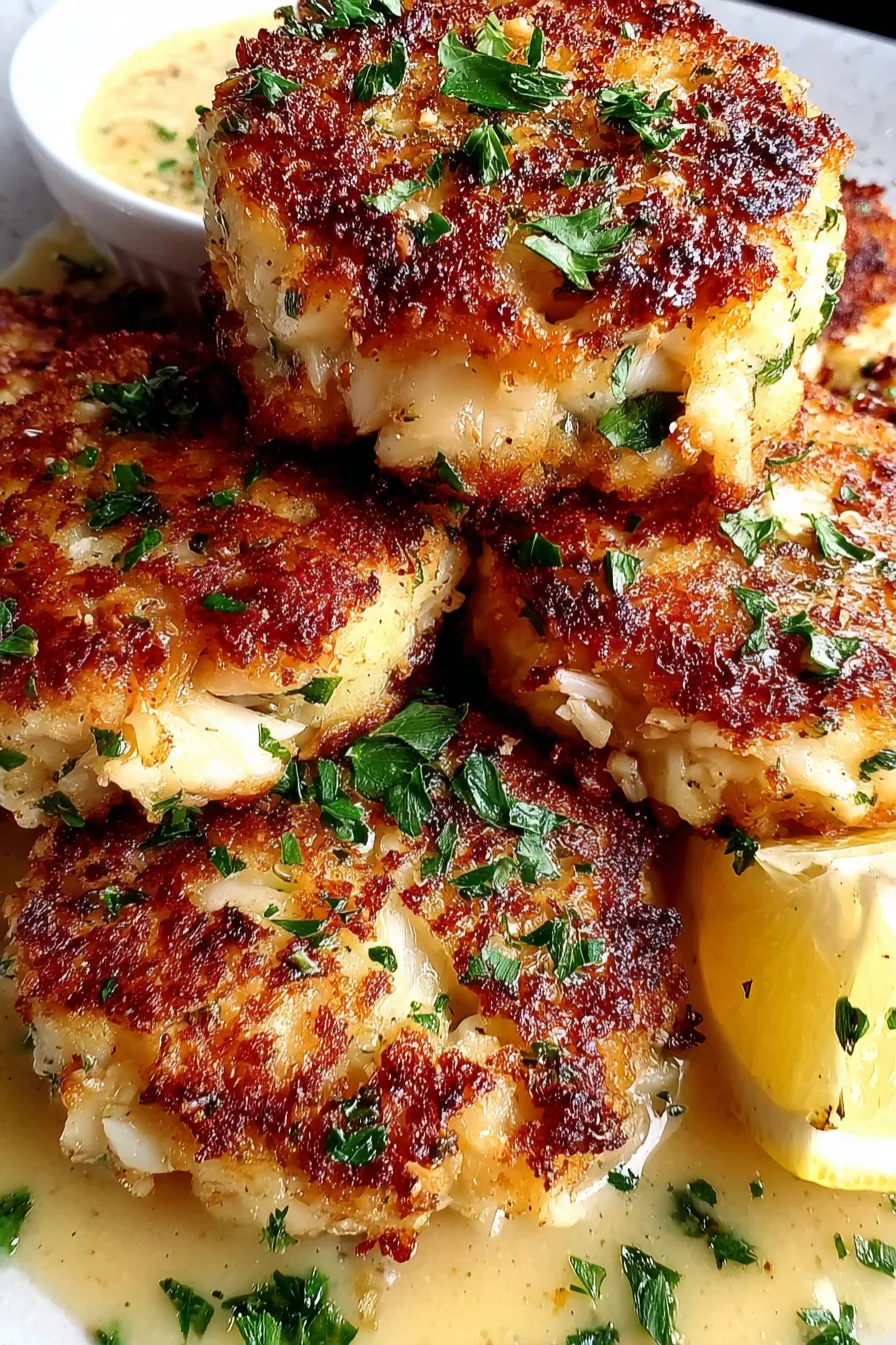 A stack of crab cakes with lemon wedges on top.