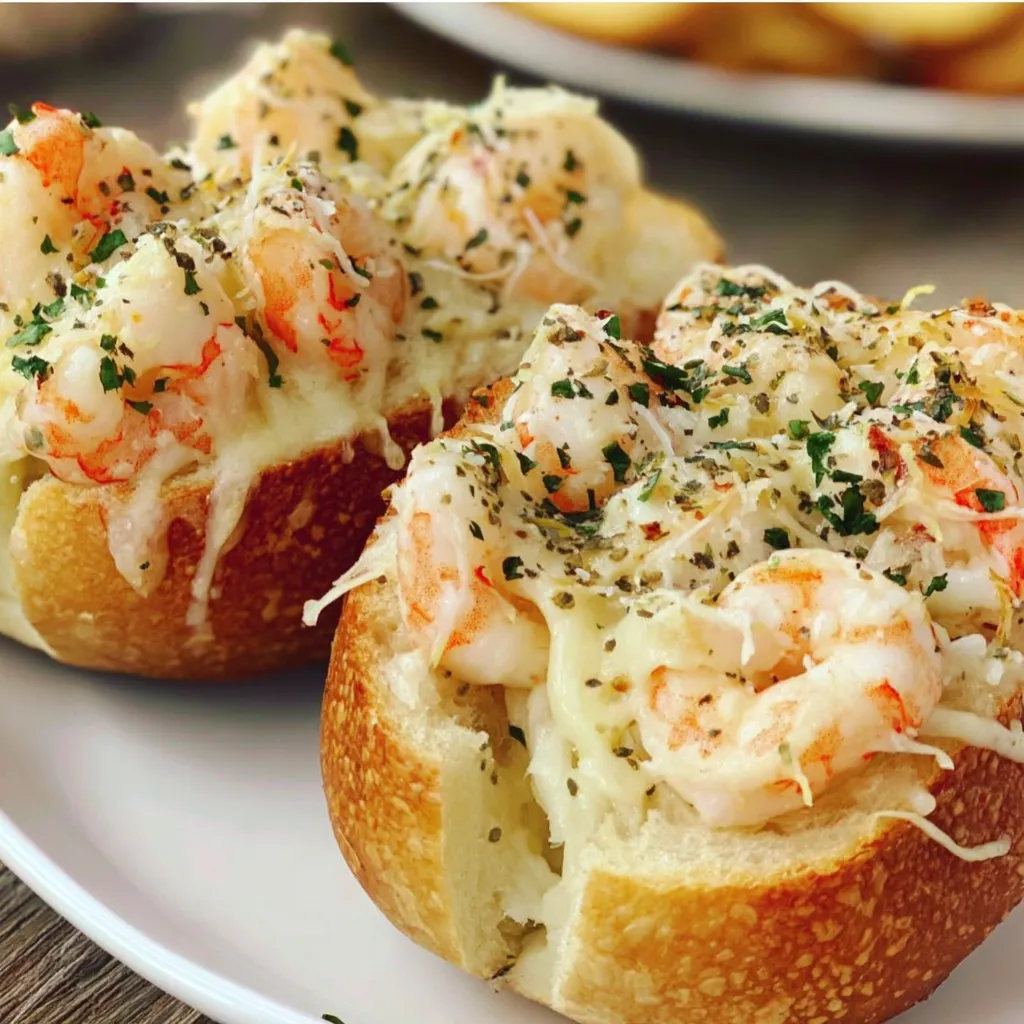 Two pieces of bread with shrimp and cheese.