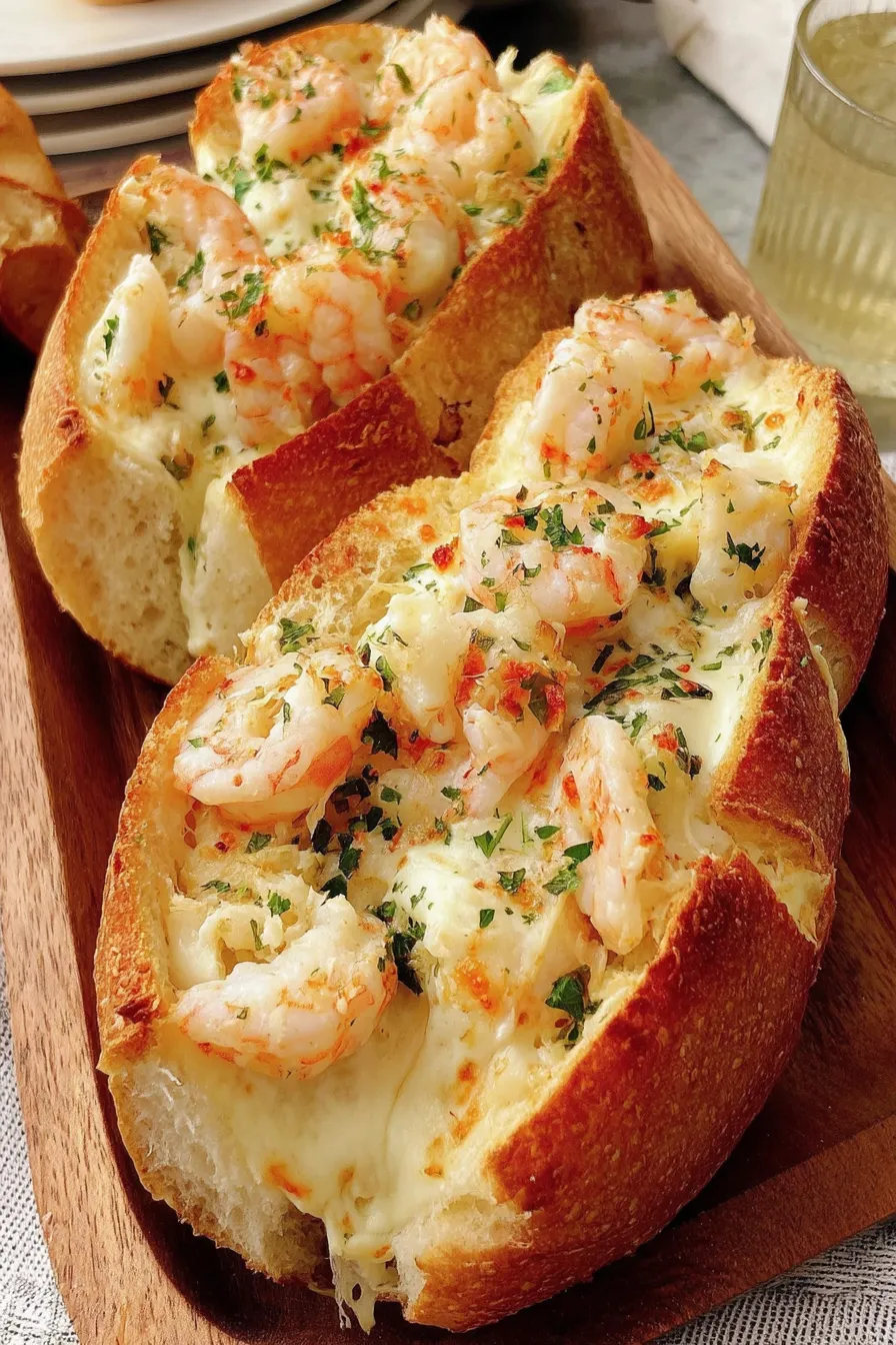 Two pieces of bread with shrimp and cheese.