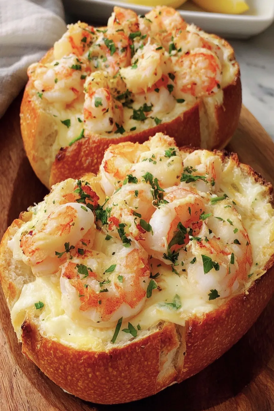 Two pieces of bread with shrimp in them.