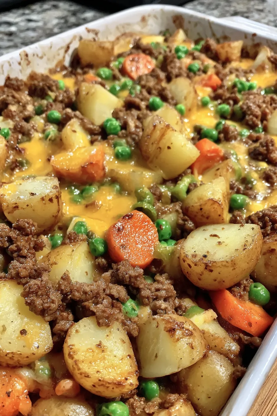 A plate of food with meat, potatoes, peas, and carrots.