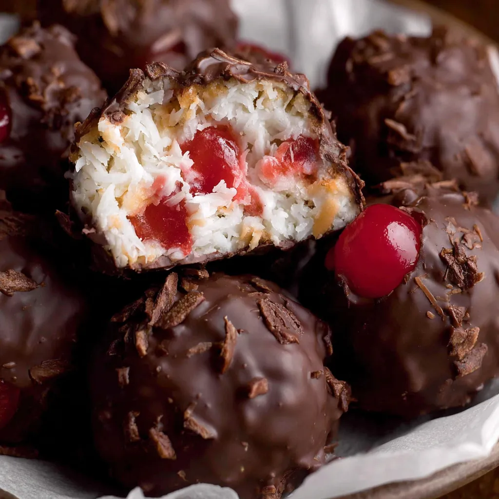 Chocolate covered marshmallows with cherries.