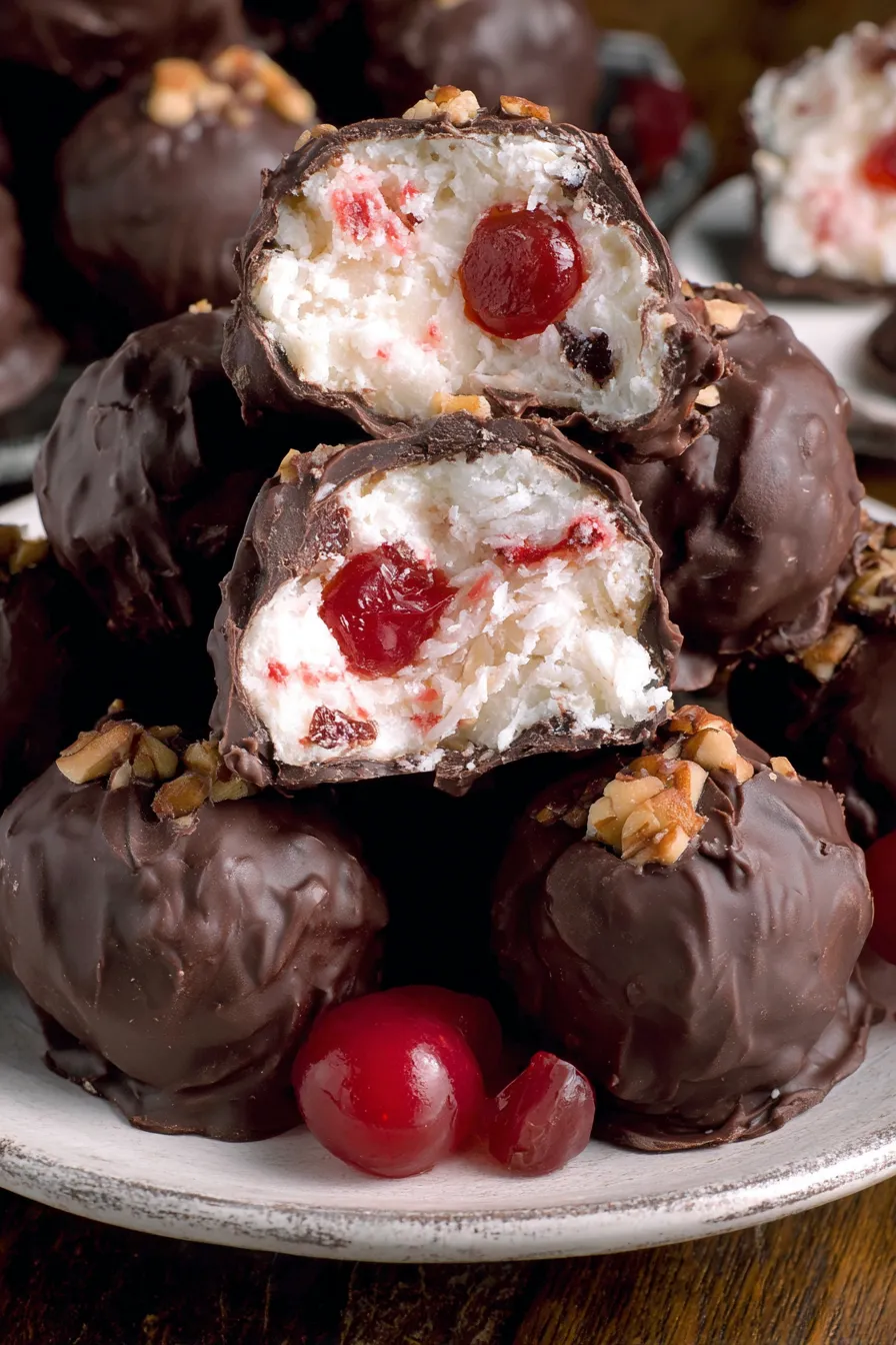 Chocolate cake with white cream and cherries.