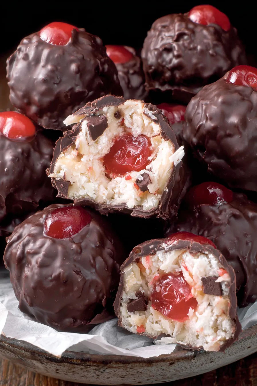 Chocolate cake with cherries and coconut.