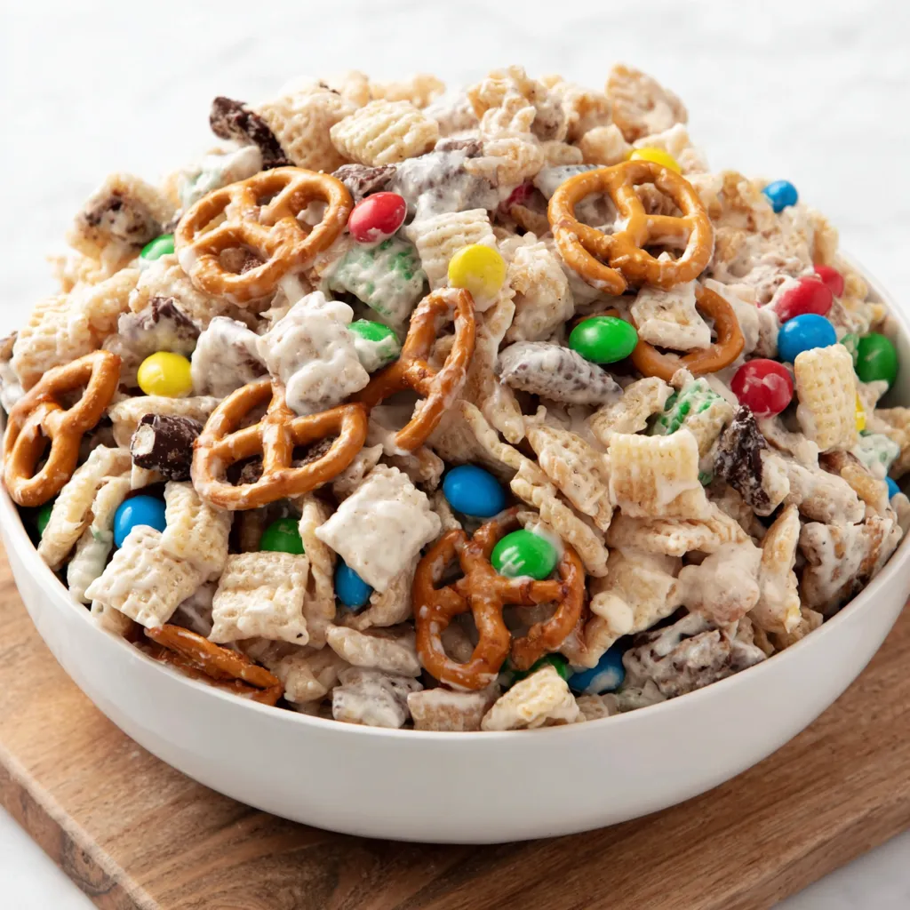 A bowl of cereal with M&M's and pretzels.