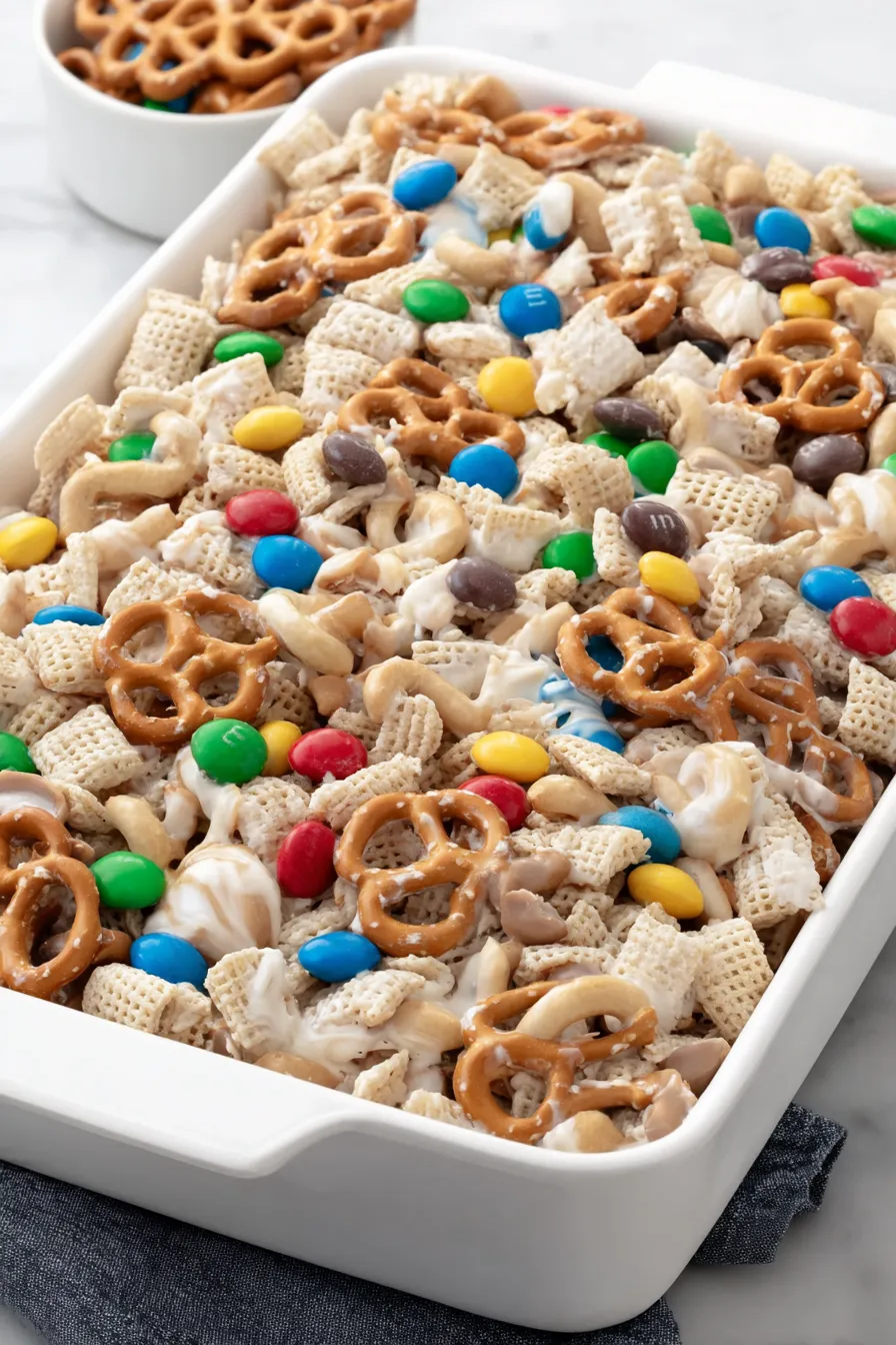 A pan of cereal with marshmallows and pretzels.