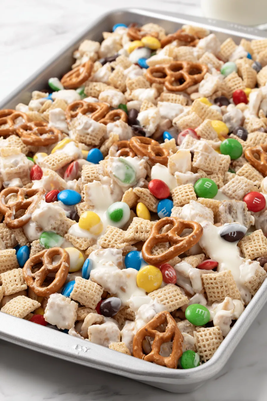 A pan of cereal with marshmallows and pretzels.