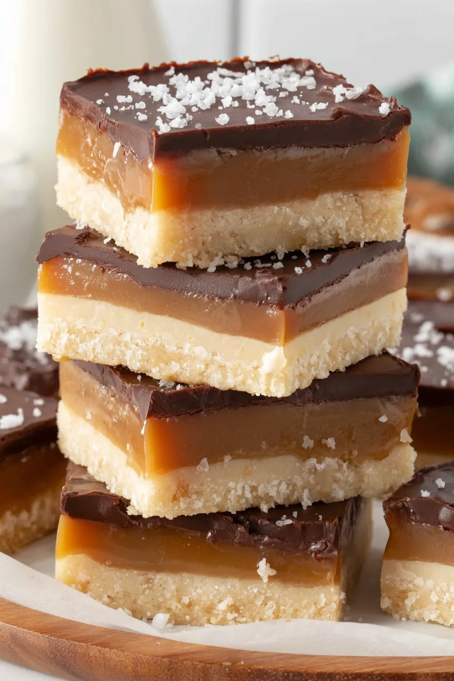 A stack of chocolate and caramel dessert bars.