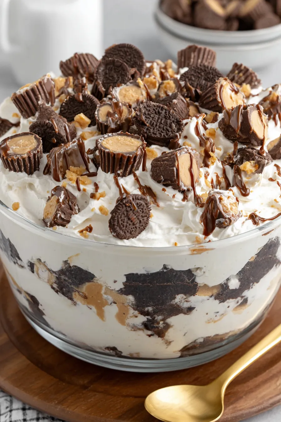 A cake with chocolate and peanut butter toppings.