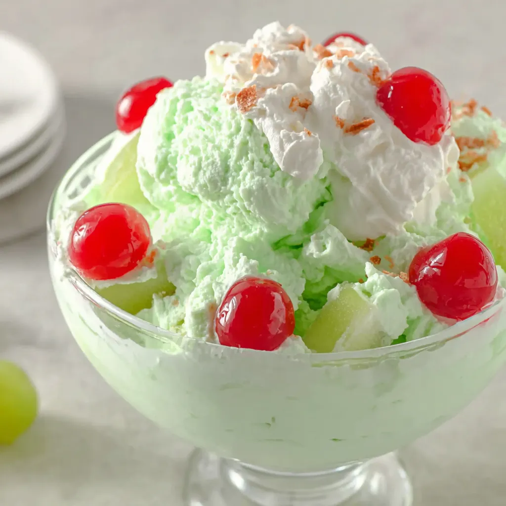 A bowl of green ice cream with red cherries on top.