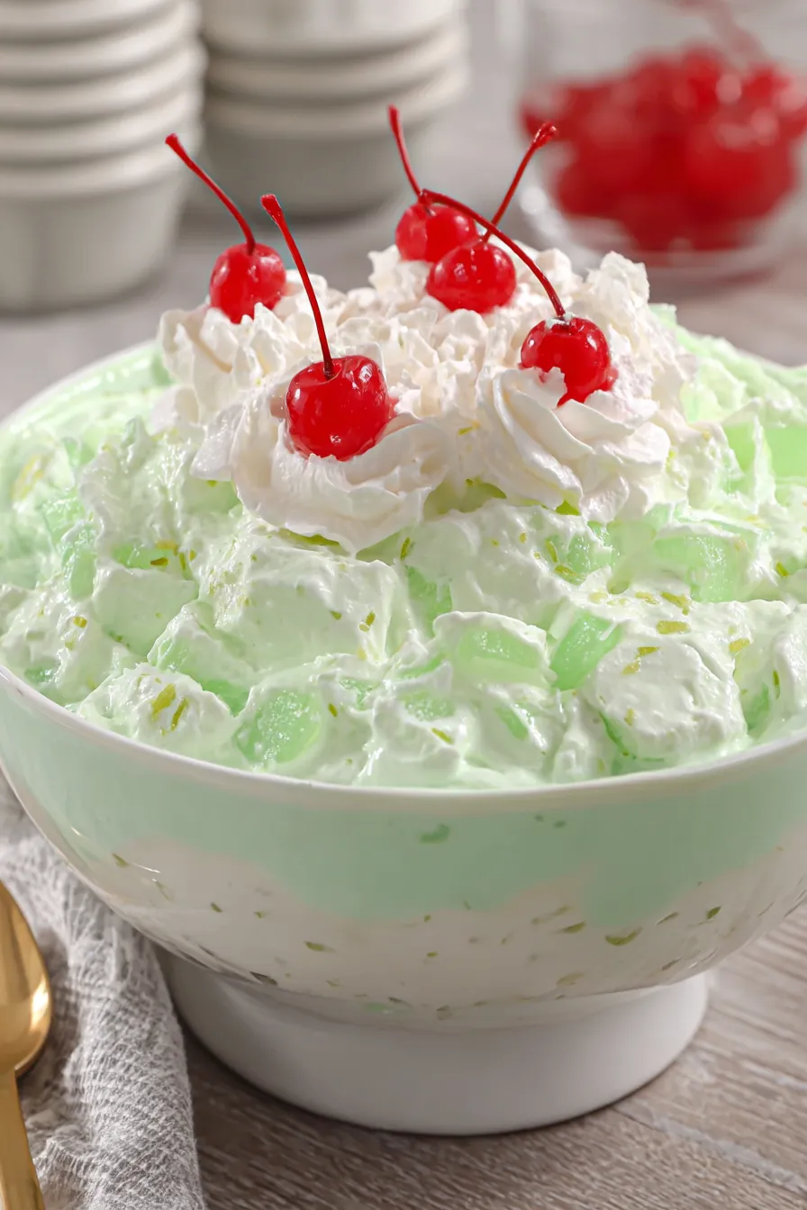 A bowl of whipped cream with cherries on top.