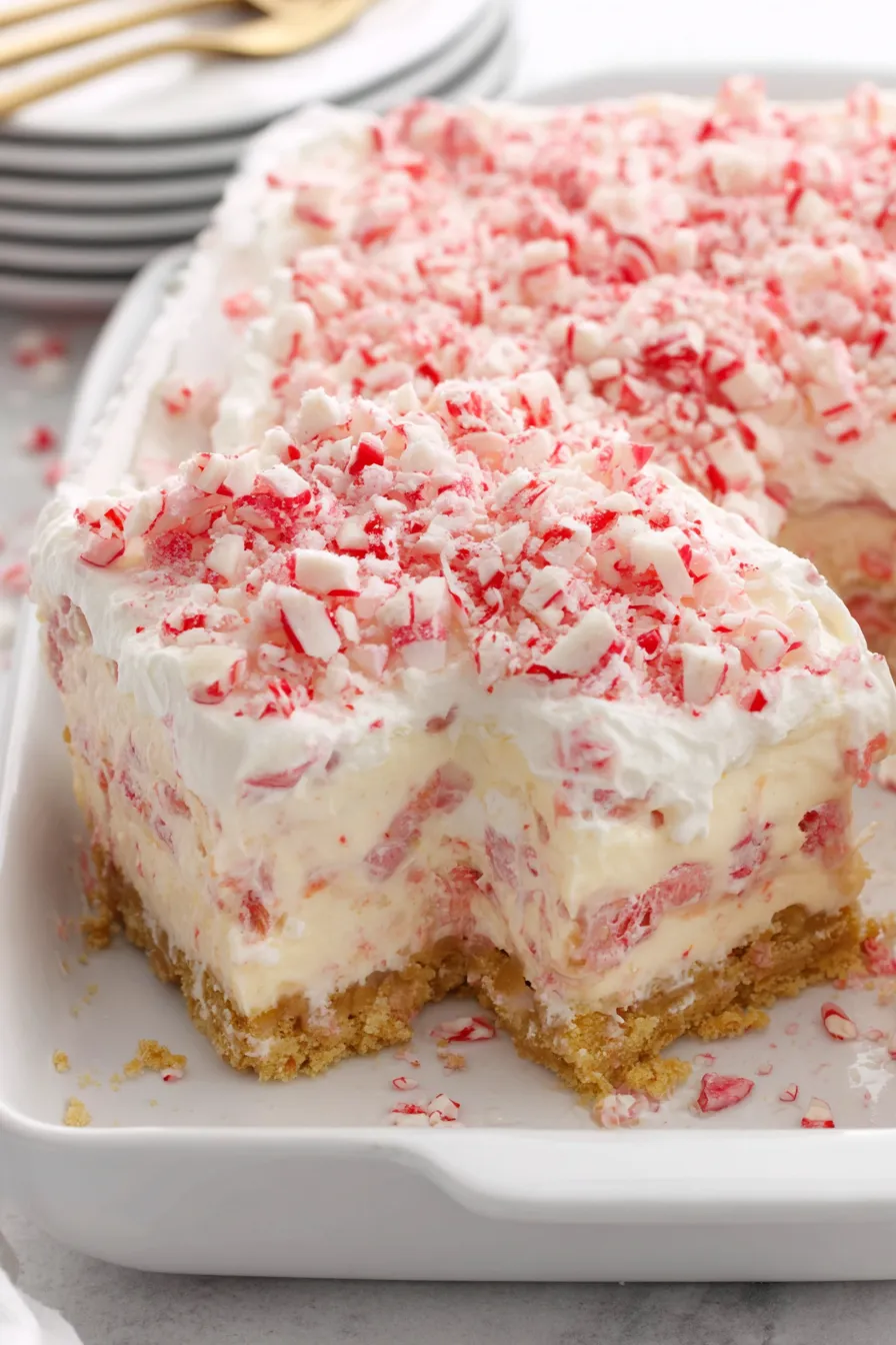A piece of cake with red and white frosting.