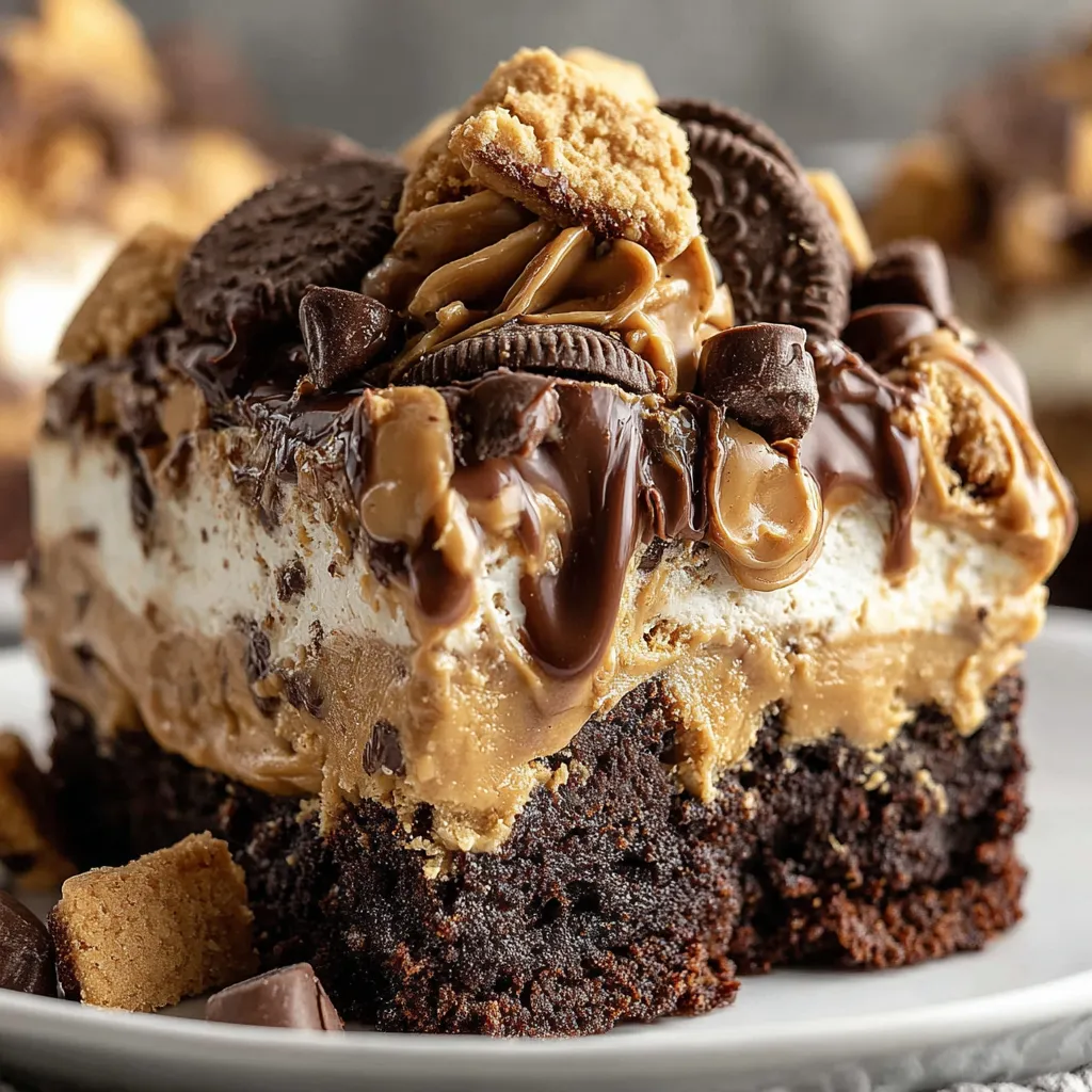 A slice of chocolate cake with peanut butter and chocolate drizzle.