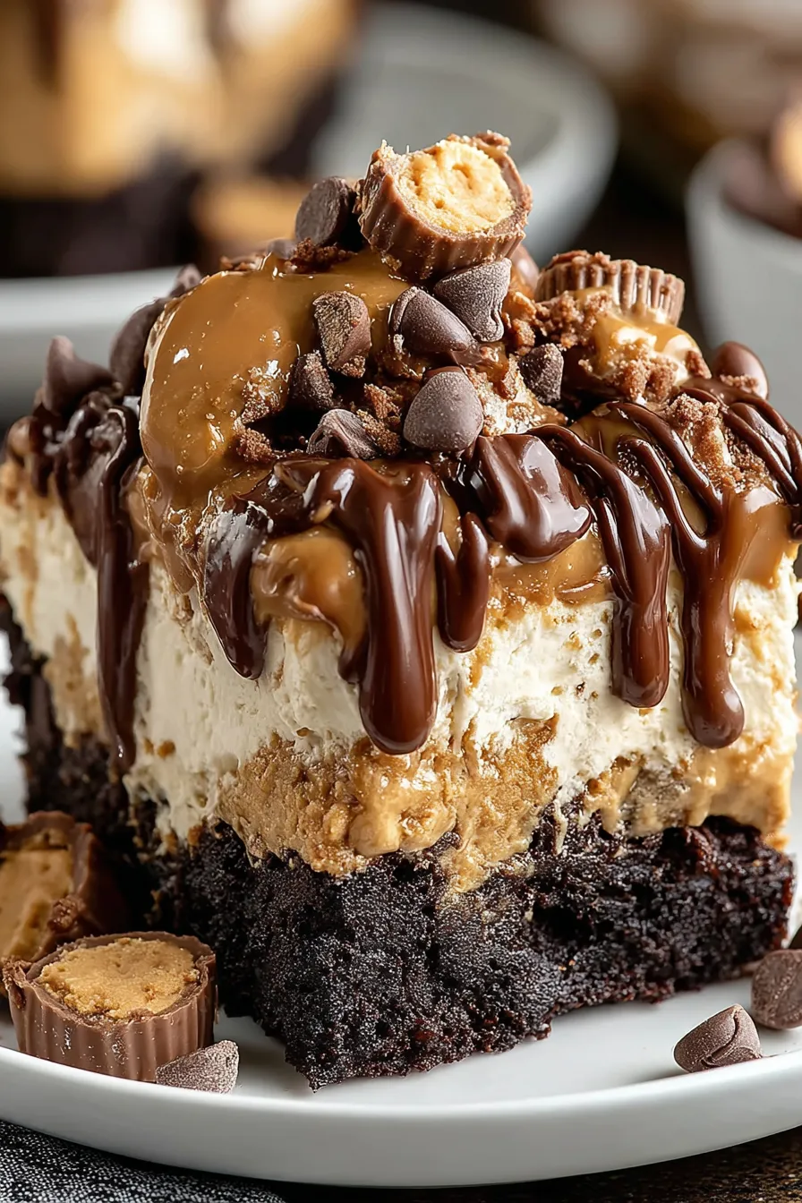 A slice of chocolate cake with caramel drizzle.