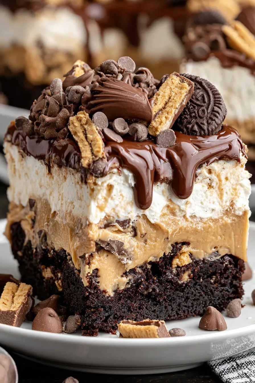 A chocolate cake with peanut butter and chocolate chips.