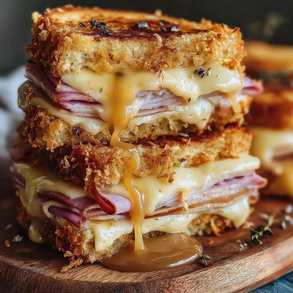 A stack of sandwiches with cheese and ham.