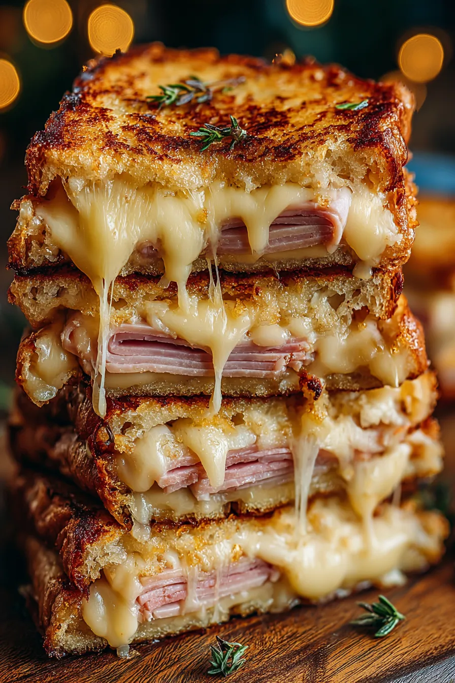 A stack of sandwiches with cheese and ham.