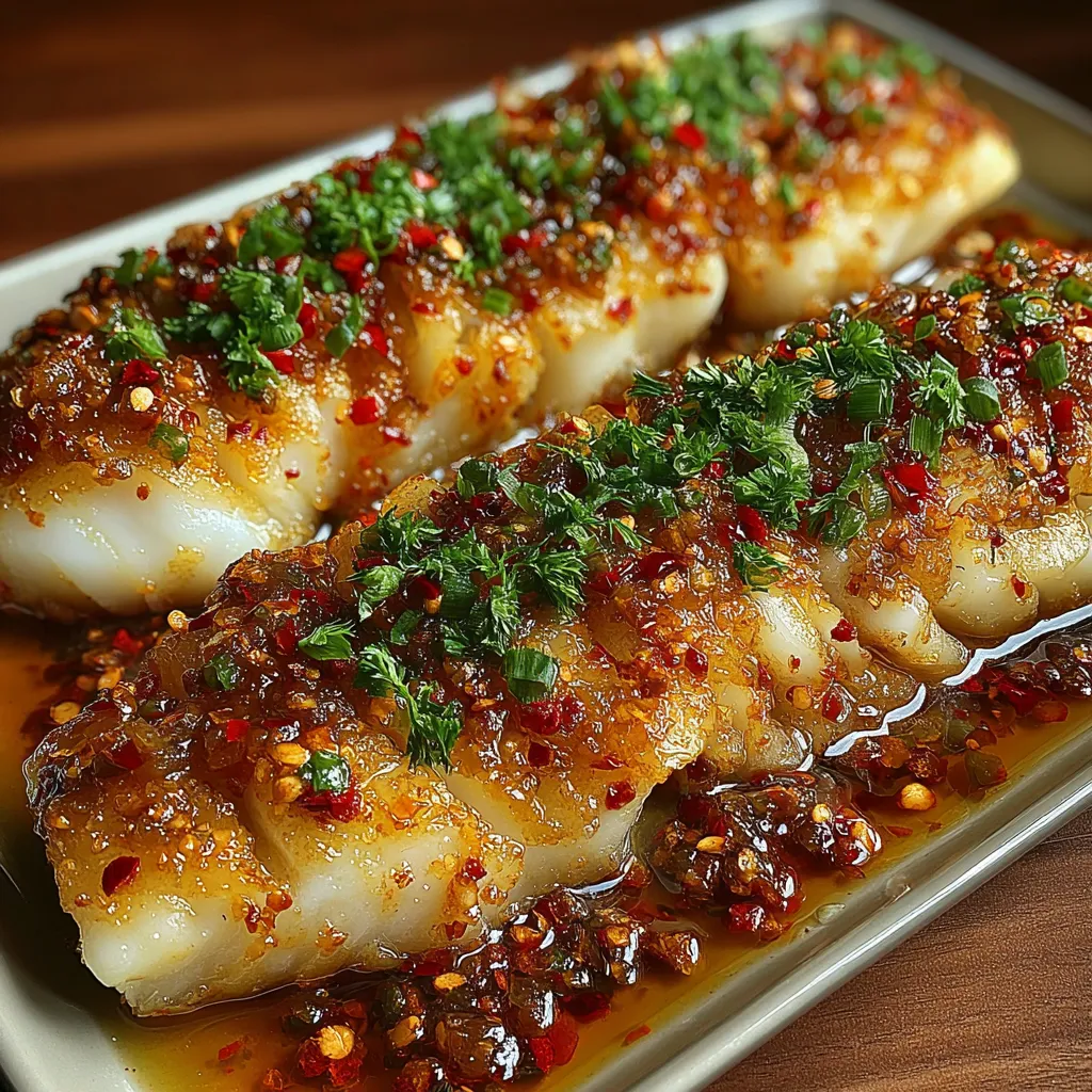 A plate of fish with peppers on top.