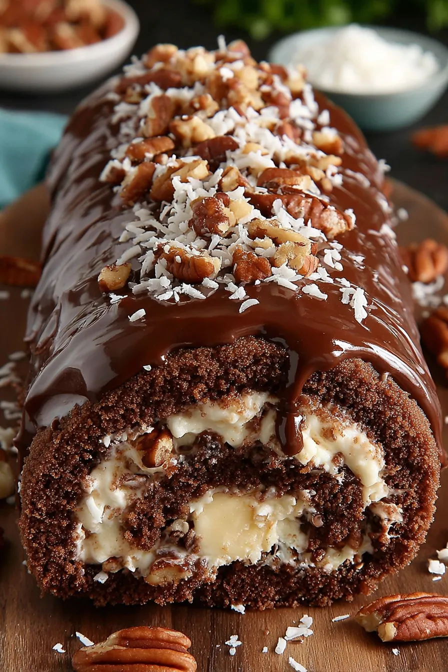 A chocolate cake with nuts and coconut on top.