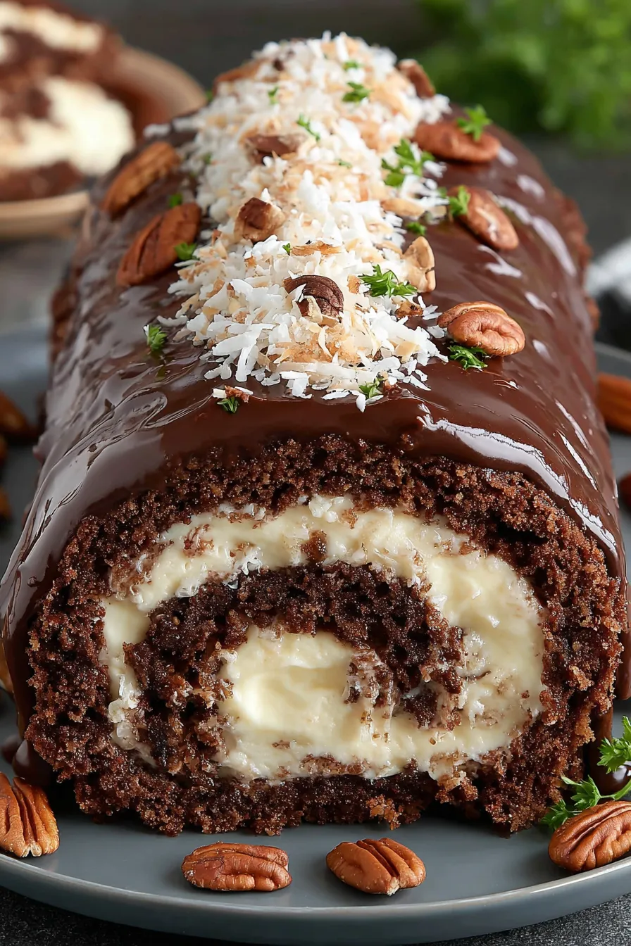 A chocolate cake with white frosting and nuts on top.