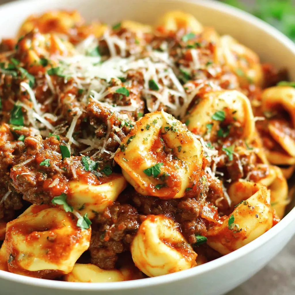 A bowl of pasta with meat sauce.