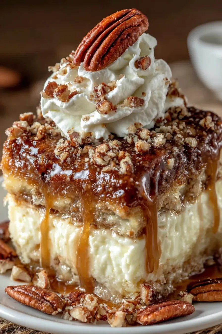 A slice of pie with whipped cream on top.