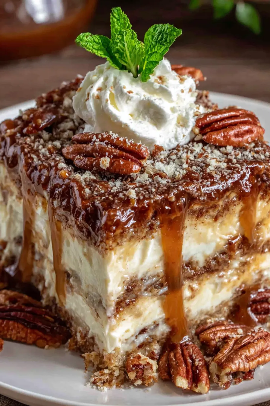 A slice of cake with whipped cream and nuts.