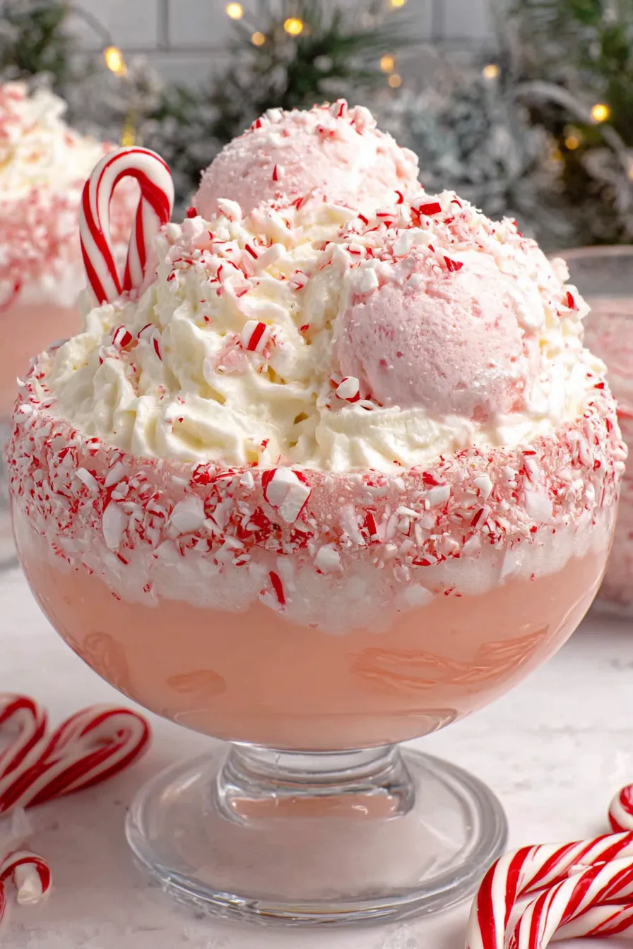 A pink dessert with red and white stripes.