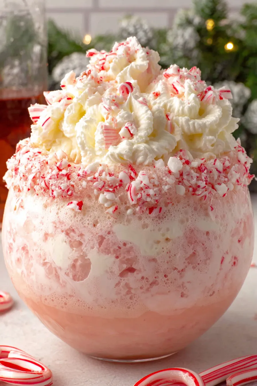 A pink drink with white whipped cream and red candy canes.