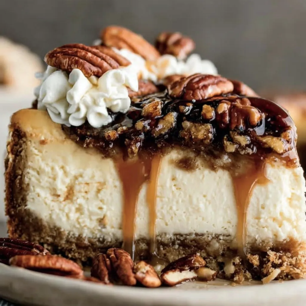 A slice of cheesecake with caramel drizzle and nuts.