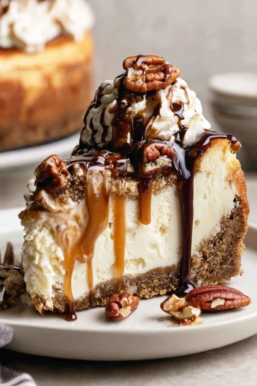A slice of cheesecake with caramel drizzle and walnuts.