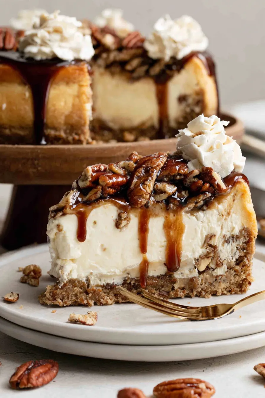 A slice of cheesecake with caramel drizzle.