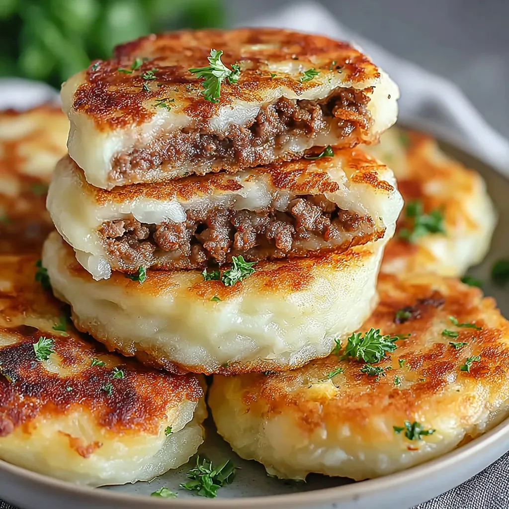 A stack of meat pies on a plate.