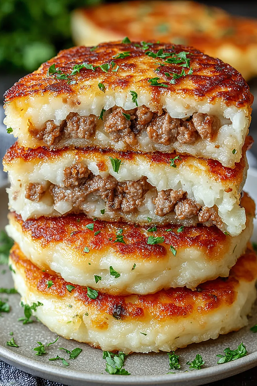 A stack of meat and potato patties.