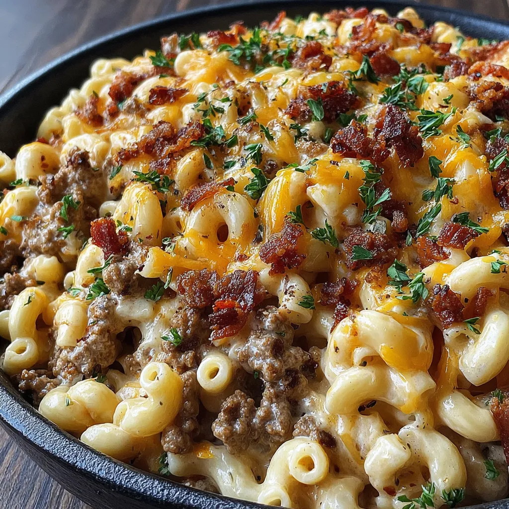 A bowl of macaroni and cheese with bacon.