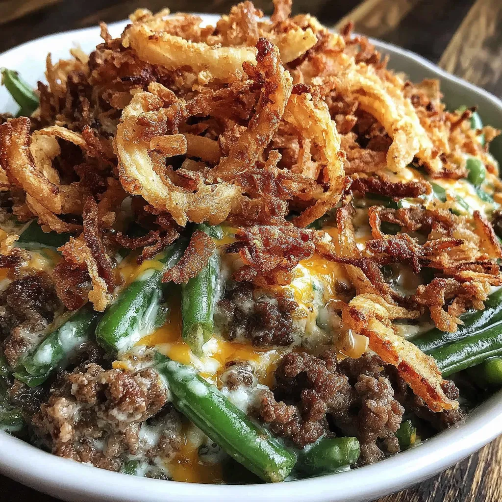 A plate of food with onions and green beans.