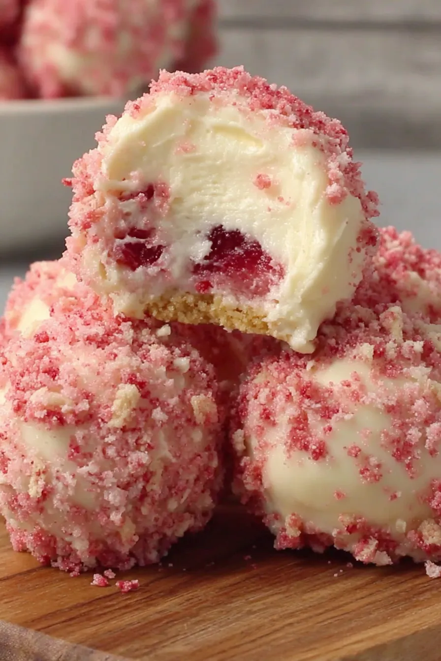 A pink and white dessert with a bite taken out of it.