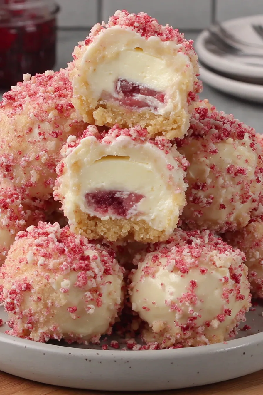 A stack of cake balls with pink and white frosting.